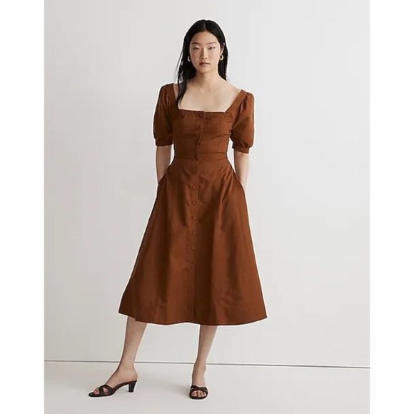 Madewell Dresses & Skirts - Madewell NWT Seamed Puff-Sleeve Linen Blend Midi Dress in Warm Coffee size 14